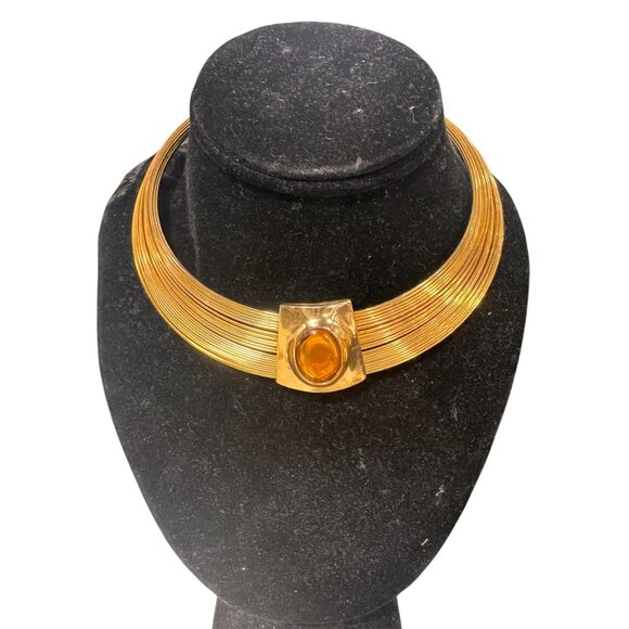 Vintage Gold Tone Choker & Bracelet Set With Amber Stone Accent Muti WIre - Picture 2 of 6